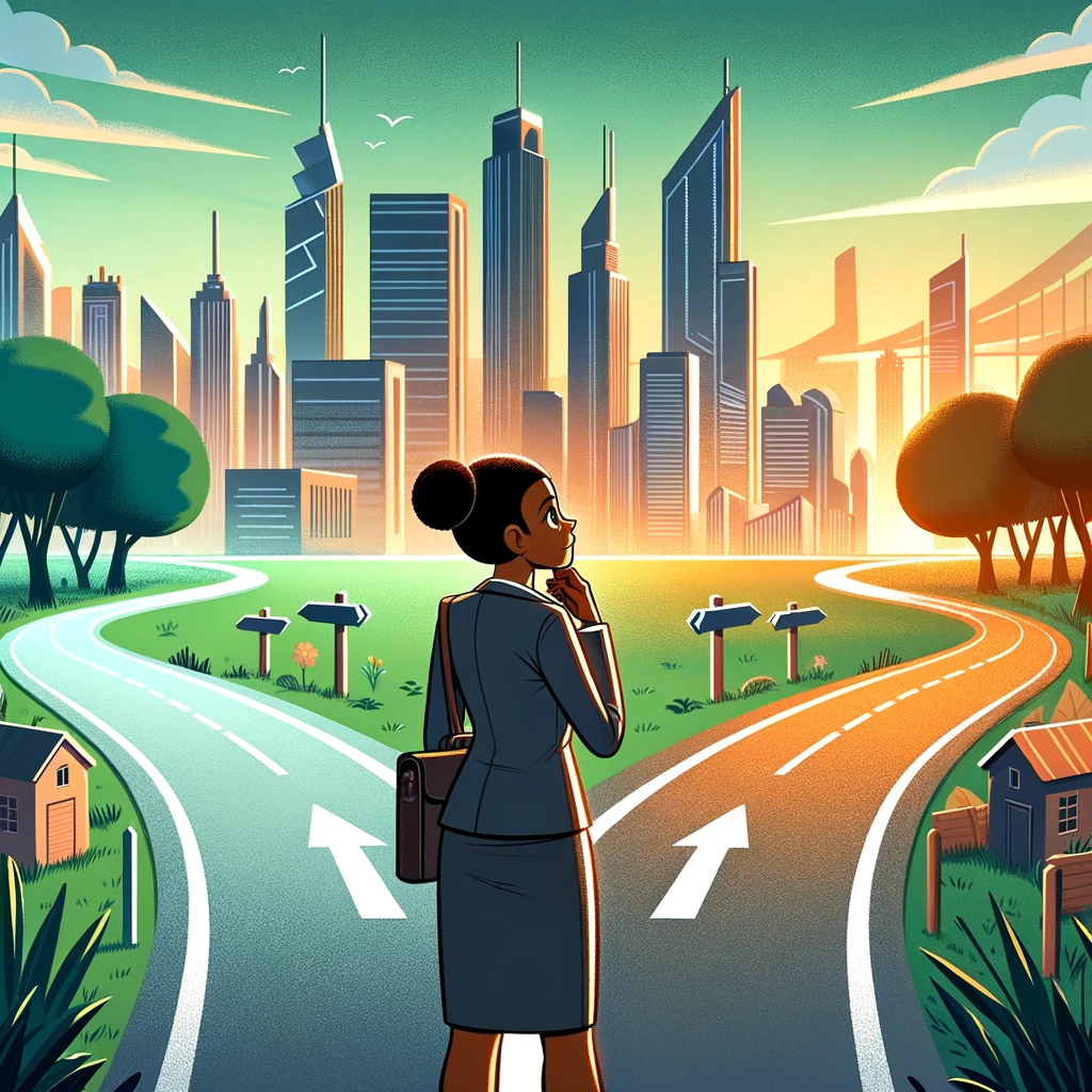 DALLE-2023-12-14-14.34.18---Cartoon-style-image-of-a-working-professional-a-Black-woman-in-her-early-40s-standing-at-a-fork-in-a-futuristic-road.-Shes-dressed-in-an-elegant-bu