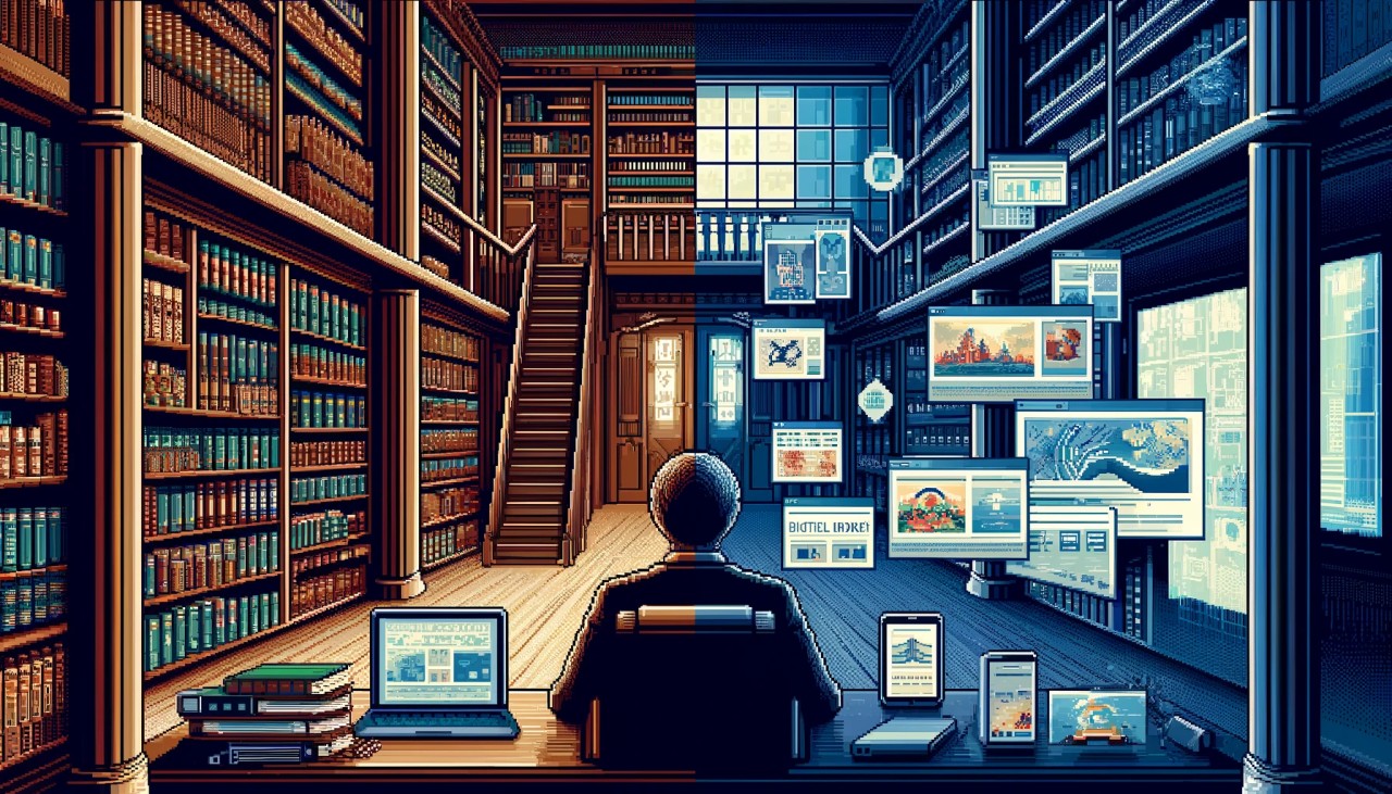DALLE-2024-05-31-16.09.50---A-wide-aspect-ratio-pixel-art-of-a-professional-library.-The-left-side-features-traditional-books-lined-on-shelves-with-a-classic-and-detailed-design